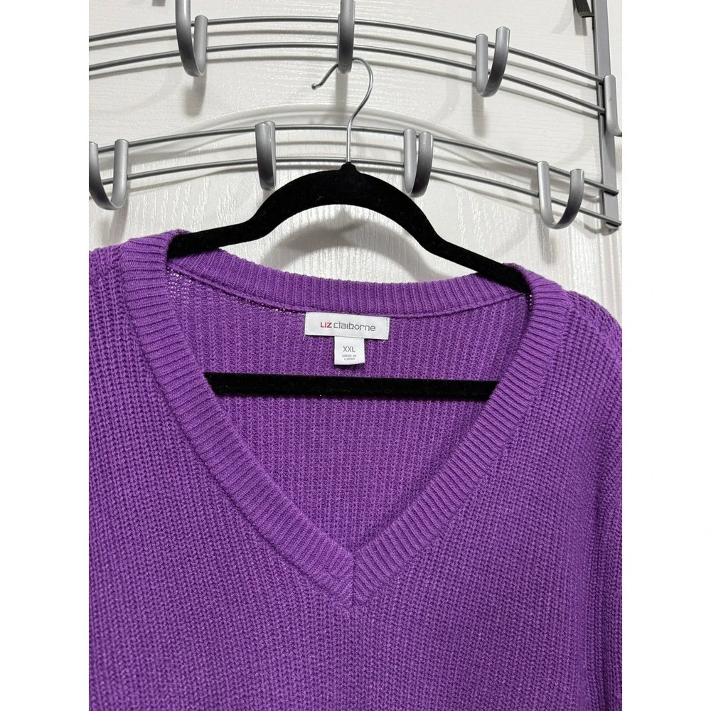 Liz Claiborne Womens XXL Bright Violet Ribbed V-Neck Puff Sleeve Sweater‎ NWT